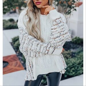 andthewhy Cable Knit Plaid Tweed‎ Knit Back Crew Neck Slouchy Sweater White